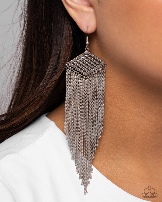 Forged Fringe - Silver Grid Design Chain Fringe Earring Paparazzi E2881