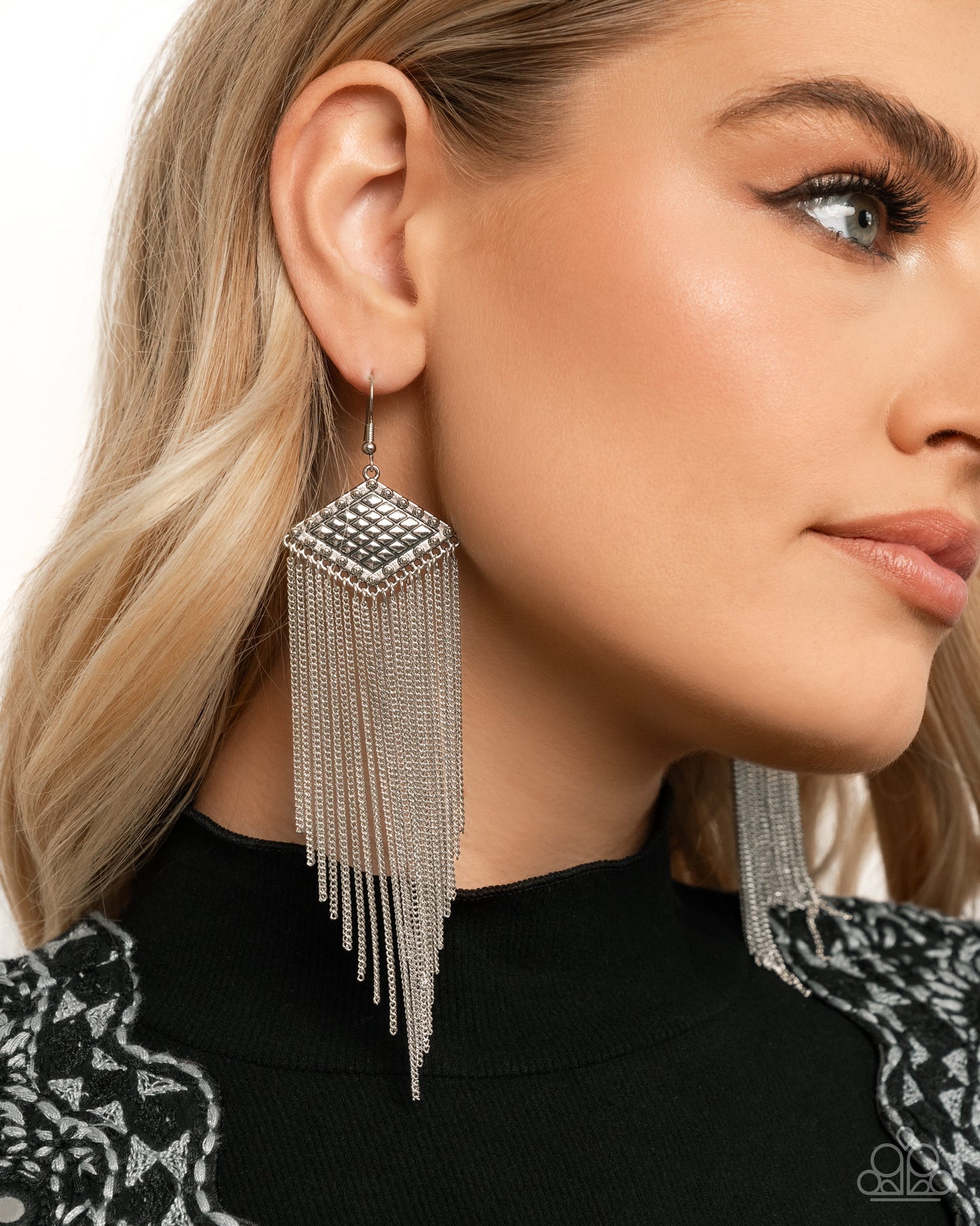 Forged Fringe - Silver Grid Design Chain Fringe Earring Paparazzi E2881