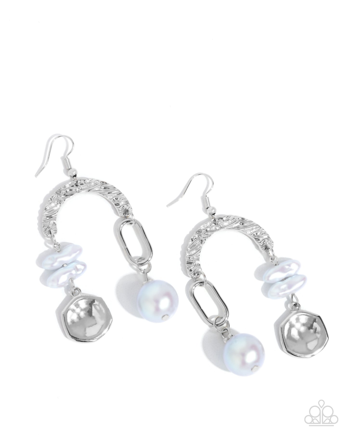 Shimmer Suggestion - Blue Winter Sky Pearl, Silver Hammered Half Circle Earring Paparazzi E2953