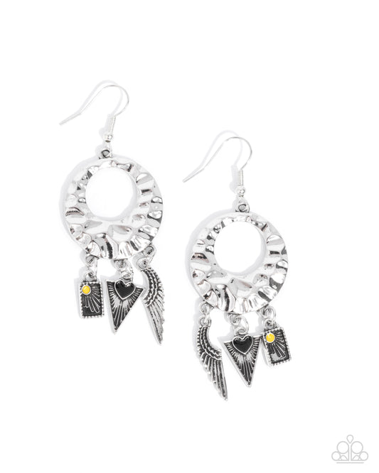 Alternative Angel - Black Heart, Angle Wing Hammered Silver Earring Paparazzi E2476