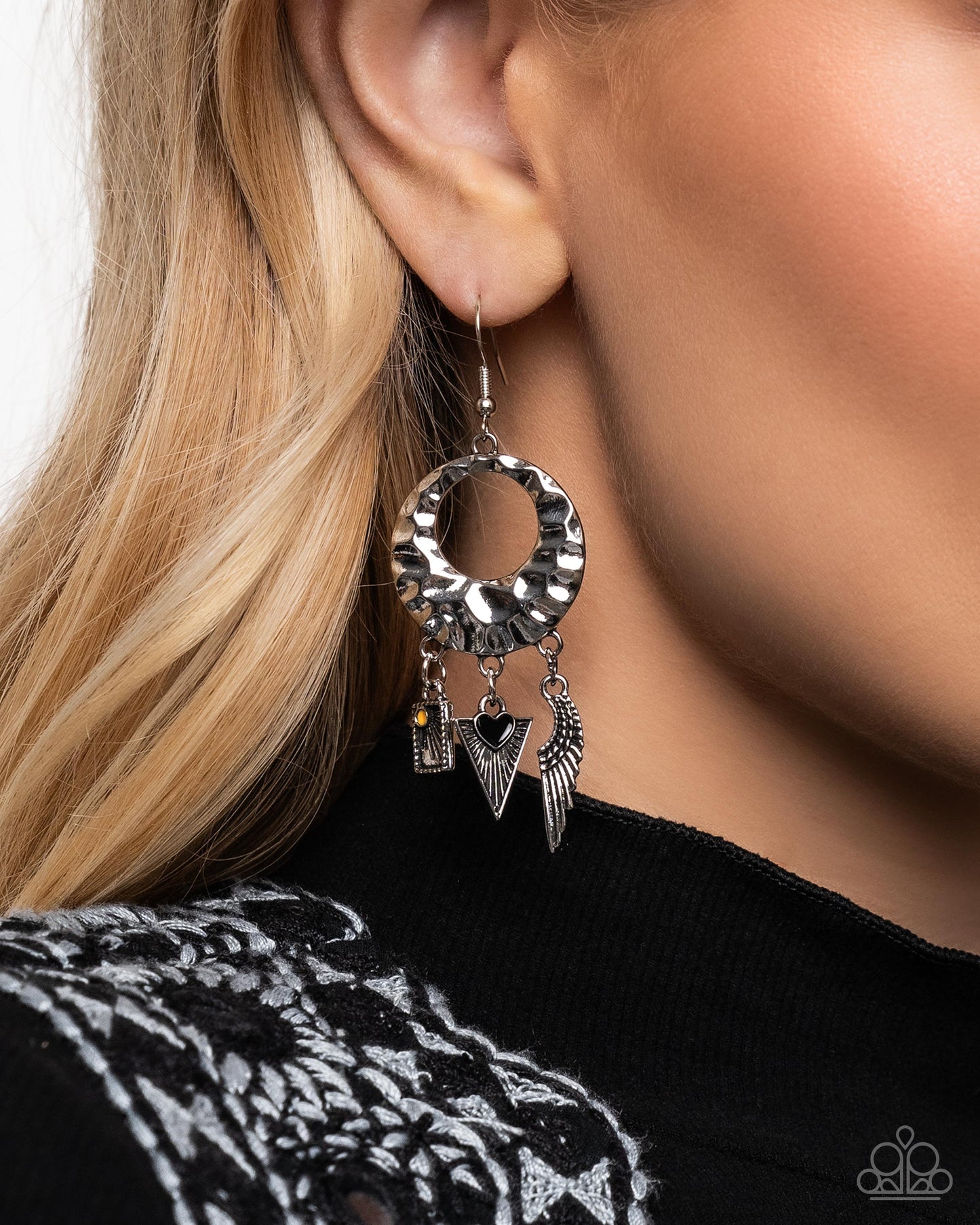 Alternative Angel - Black Heart, Angle Wing Hammered Silver Earring Paparazzi E2476