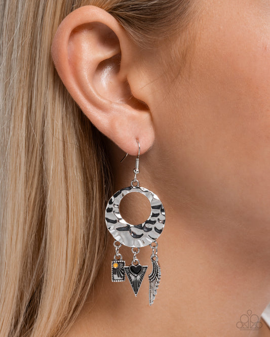 Alternative Angel - Black Heart, Angle Wing Hammered Silver Earring Paparazzi E2476