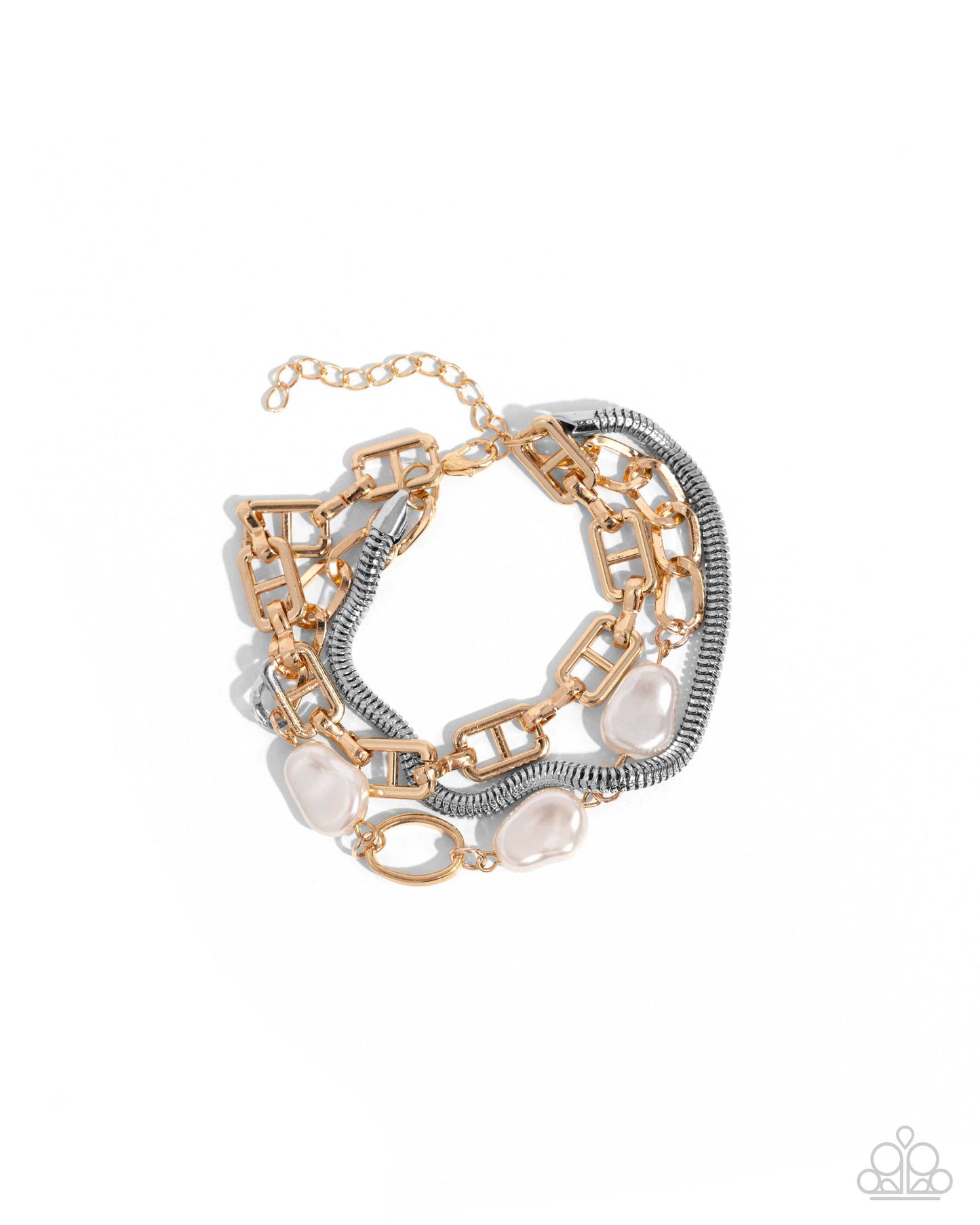 Modestly Mismatched - Multi Gold, Silver Chain & White Barogue Pearl Clasp Bracelet Paparazzi B2120
