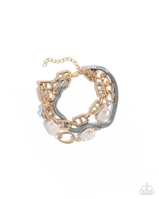 Modestly Mismatched - Multi Gold, Silver Chain & White Barogue Pearl Clasp Bracelet Paparazzi B2120
