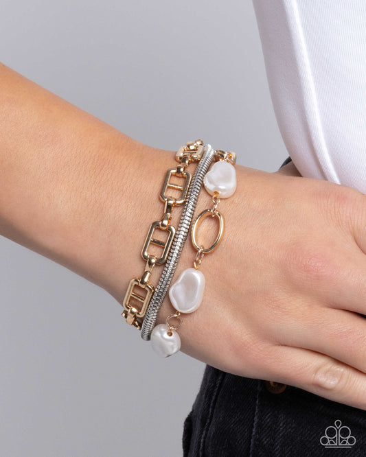 Modestly Mismatched - Multi Gold, Silver Chain & White Barogue Pearl Clasp Bracelet Paparazzi B2120