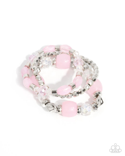 Defaced Dare - Pink Opalescent, Clear, Baby Pink Bead Stretch Set of 3 Bracelet Paparazzi B1162