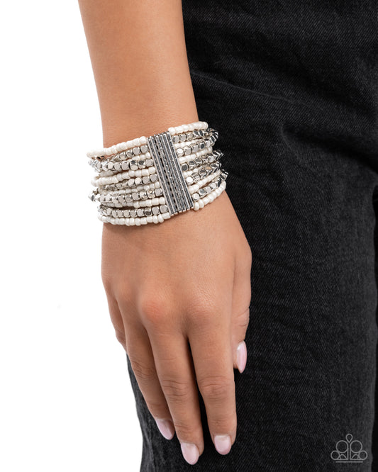 Spirited Stack - White Matte Seed Bead & Silver Cubed Stretch Bracelet Paparazzi B2019
