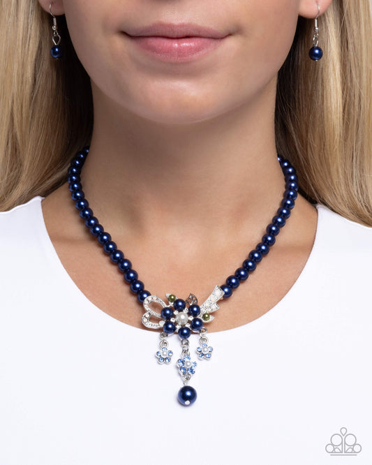 All Over TON - Blue Montana Pearl & White Rhinestone Flower Necklace Paparazzi N3060