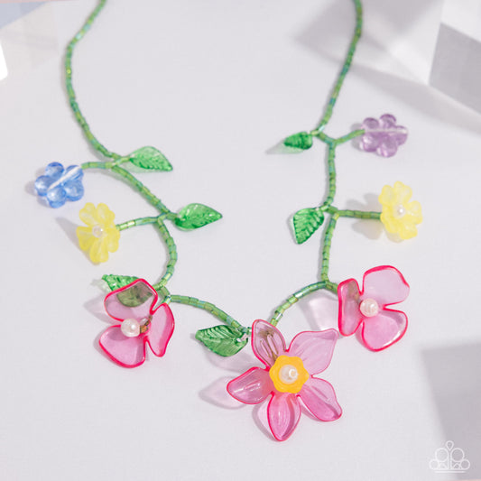Gourmet Garden - Pink Peacock, Yellow, Purple, Blue Flower Necklace Paparazzi N3160