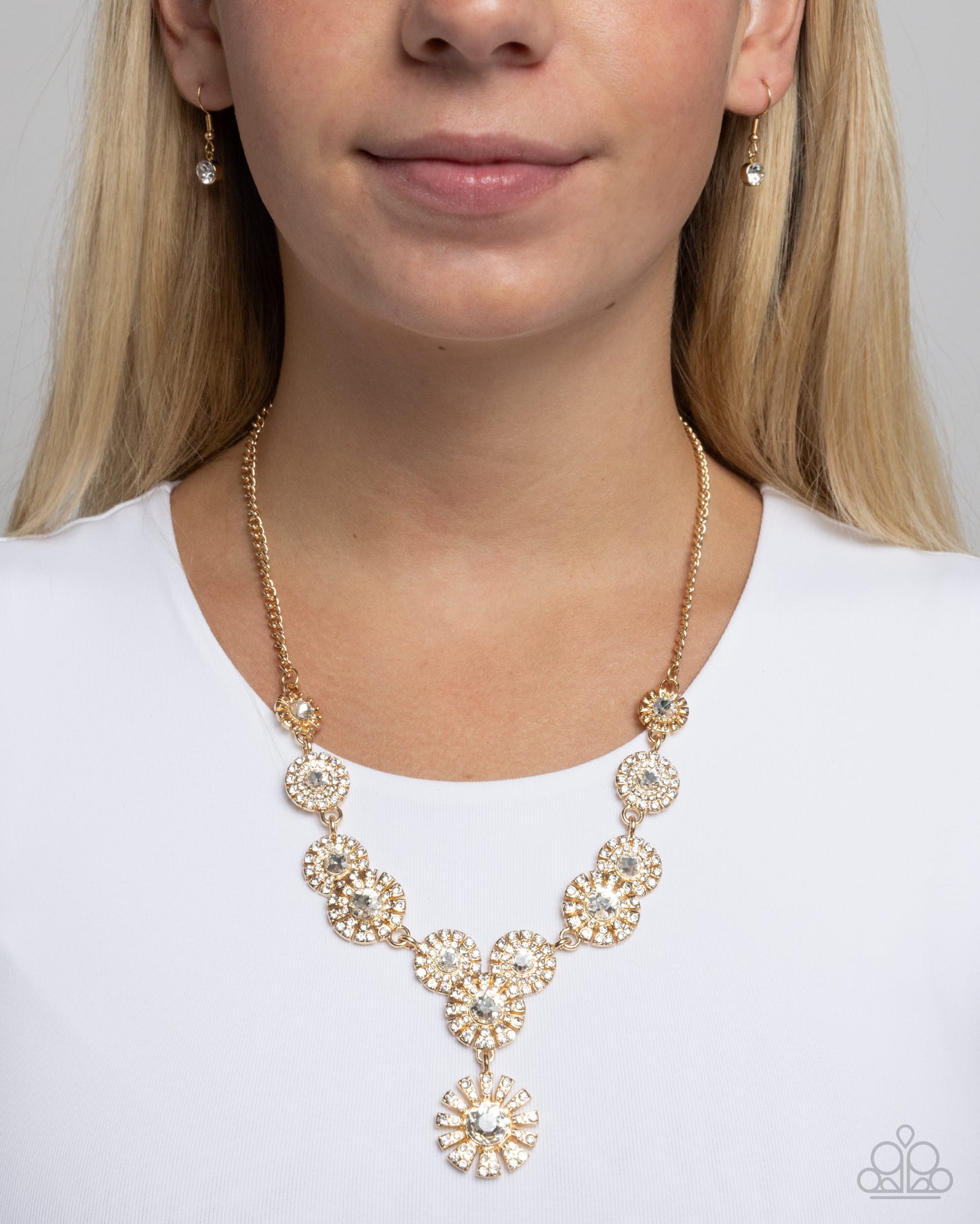 Sunburst Selfie - Gold White Rhinestone Encrusted Necklace Paparazzi N3206