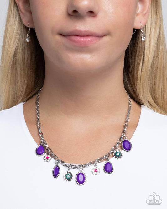 Fancy Finish - Purple Teardrop, Silver, & Pink Peacock White Rhinestone Flower Necklace Paparazzi N3469