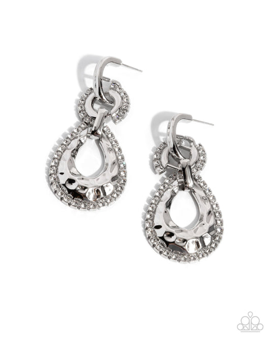 Hammered Highway - White Rhinestone Hammered Silver 3/4 Inch Hoop Pendant Earring Paparazzi E2871