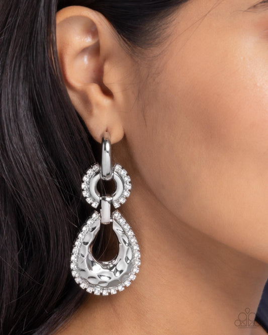 Hammered Highway - White Rhinestone Hammered Silver 3/4 Inch Hoop Pendant Earring Paparazzi E2871