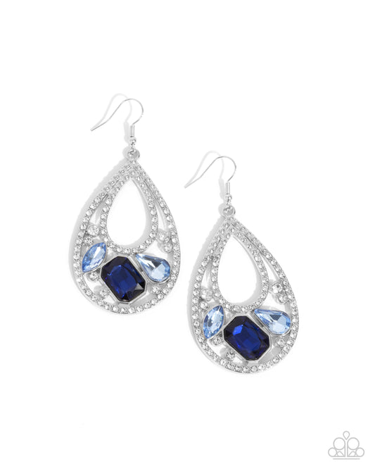 Teardrop Trifecta - Blue Emerald Cut Gem & White Rhinestone Teardrop Earring Paparazzi