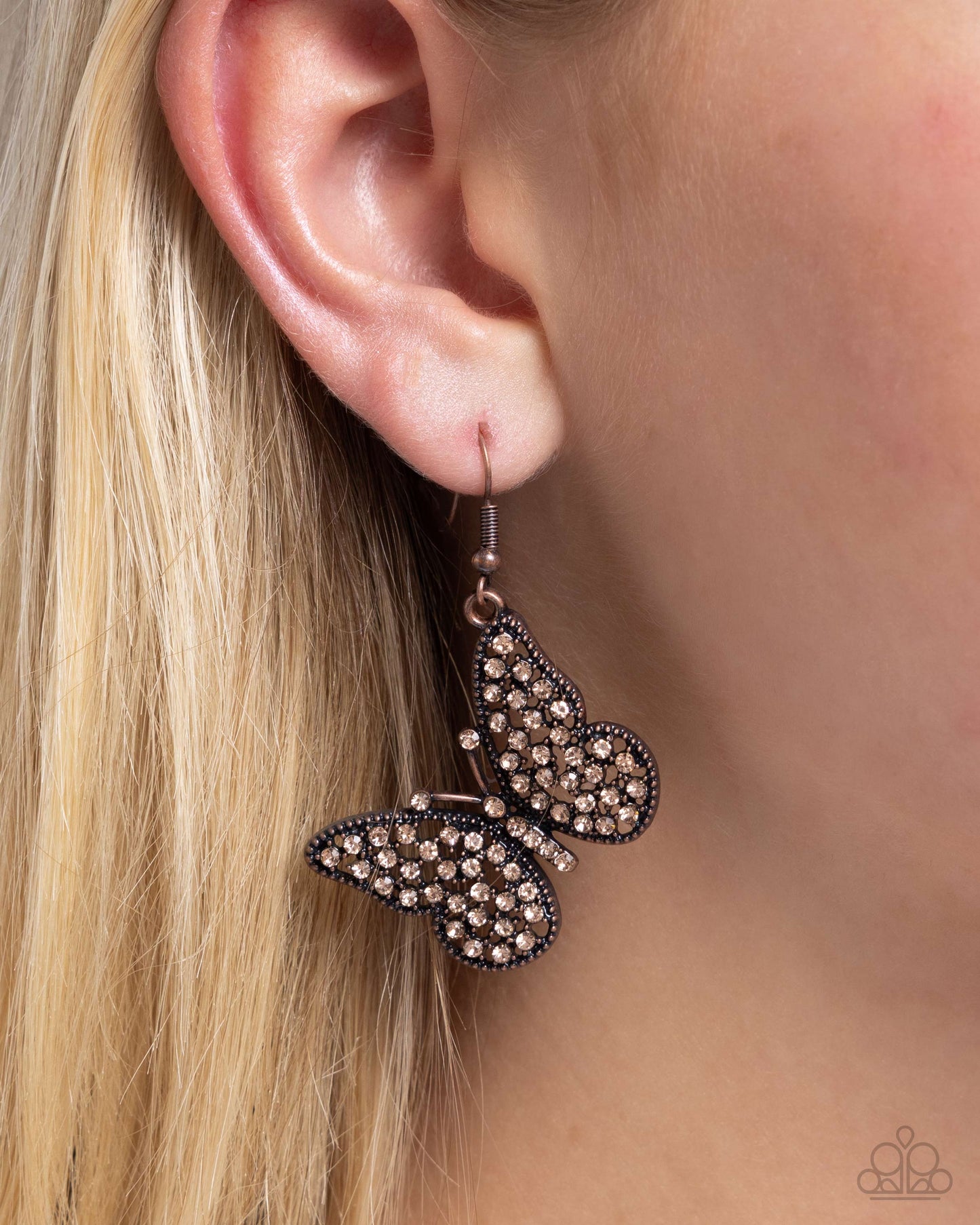 Aerial Audience - Copper & Light Peach Rhinestone Butterfly Earring Paparazzi E2670