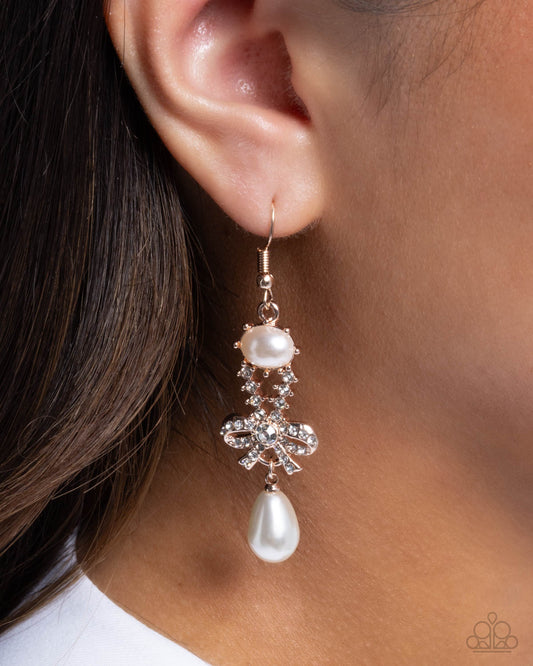 Alluring Advocate - Rose Gold, White Pearl & Rhinestone Bow Earring Paparazzi