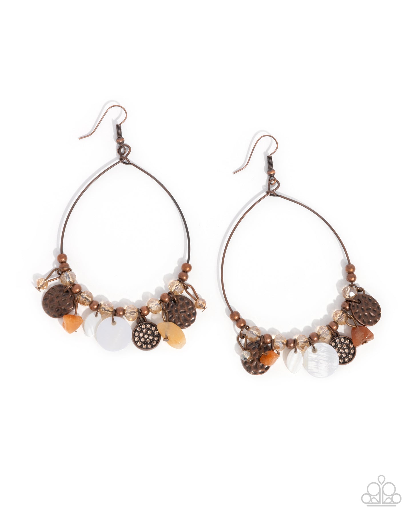 Wiry Wayfarer - Copper Wire Teardrop & White Shell Disc, Peach Bead, Natural Stone Fringe Earring Paparazzi