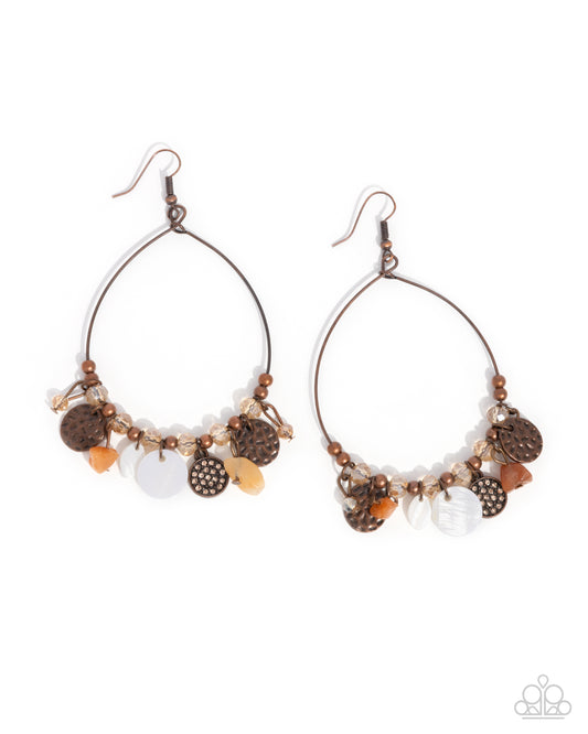 Wiry Wayfarer - Copper Wire Teardrop & White Shell Disc, Peach Bead, Natural Stone Fringe Earring Paparazzi