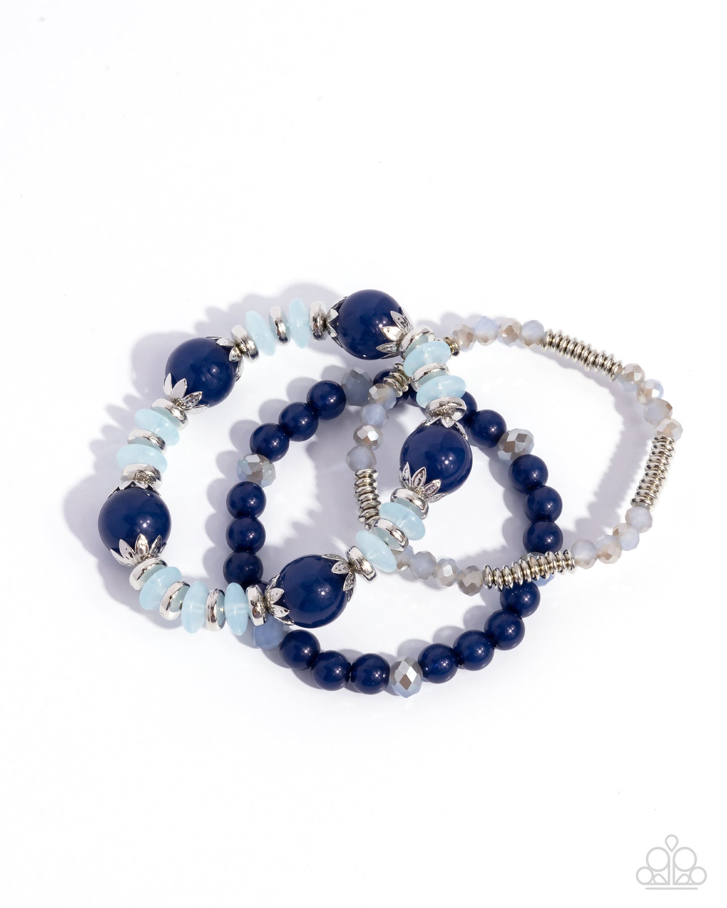Flashy Frugality - Blue UV, Milky Navy, Winter Sky & Silver Disc Stretch Set of 3 Bracelet Paparazzi B2121