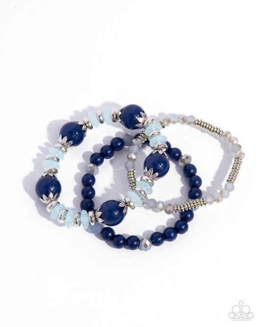 Flashy Frugality - Blue UV, Milky Navy, Winter Sky & Silver Disc Stretch Set of 3 Bracelet Paparazzi B2121