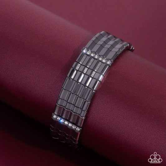 Glistening Getaway - Black Gunmetal & White Rhinestone Stretch Bracelet Paparazzi B2013
