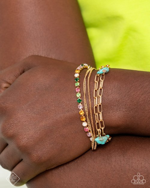 Paparazzi Solid Shimmer - Multicolored Rhinestone Turquoise Gold Bracelet Simply Santa Fe Fashion Fix November 2024 B2552