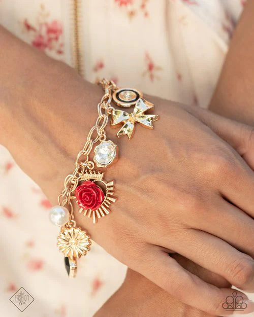 Paparazzi Victorian Verdict - Multi Red Rose Gold Bow Charm Style Bracelet Glimpses Of Malibu Fashion Fix November 2024 B2551