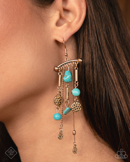 Coachella Cascade - Blue Turquoise & Gold Bead, Chain Earring Simply Santa Fe January 2025 Fashion Fix Paparazzi E2842