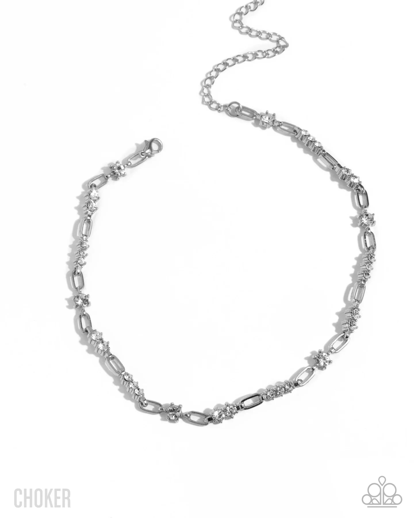 Paparazzi Pronged Pageantry - White Rhinestone Silver Choker Necklace N3899