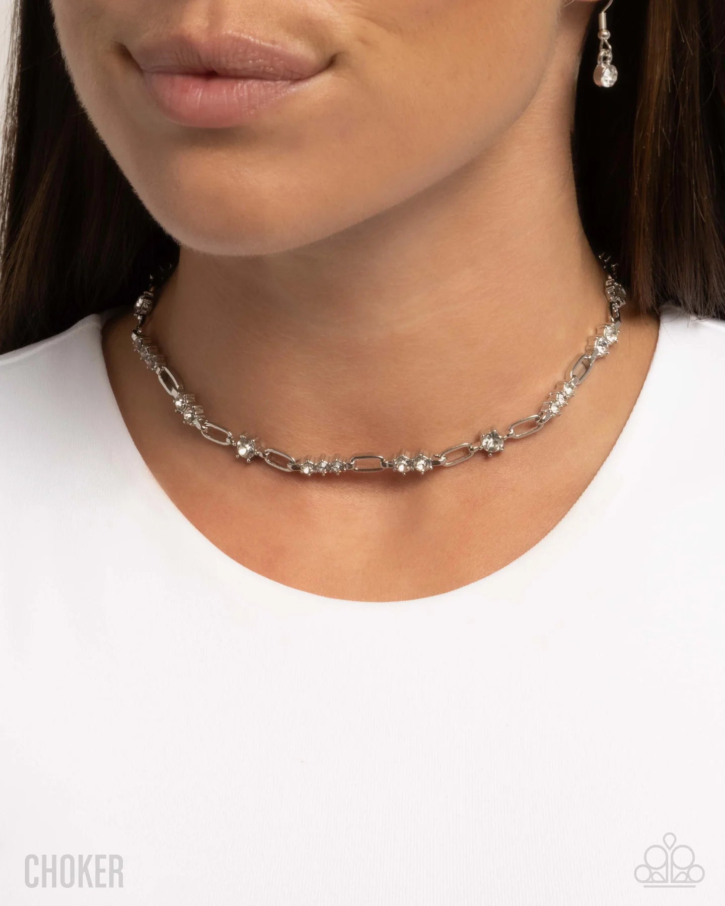 Paparazzi Pronged Pageantry - White Rhinestone Silver Choker Necklace N3899