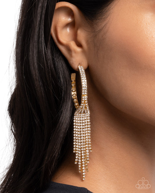 Jaw-Dropping Jubilee - Gold & White Rhinestone Fringe 2 1/2 Inch Hoop Earring Paparazzi E2525