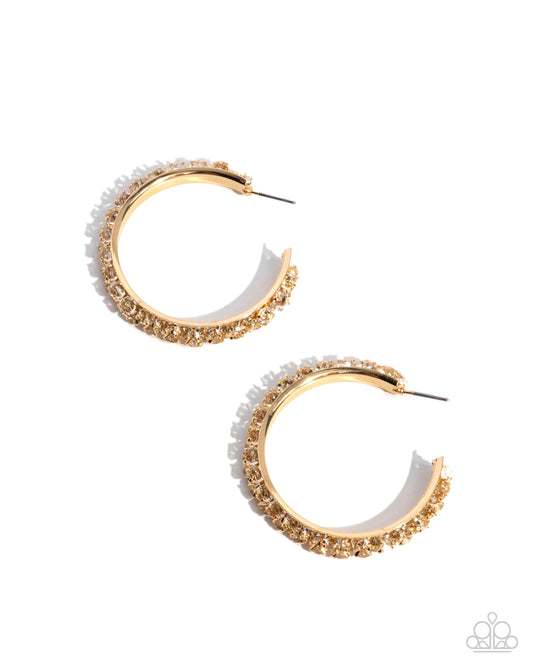 Glowing Garland - Gold & Glassey Crystal Like Beads Wrapped Around 1 1/2 Inch Hoop Earring Paparazzi E2944