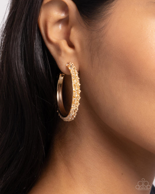 Glowing Garland - Gold & Glassey Crystal Like Beads Wrapped Around 1 1/2 Inch Hoop Earring Paparazzi E2944