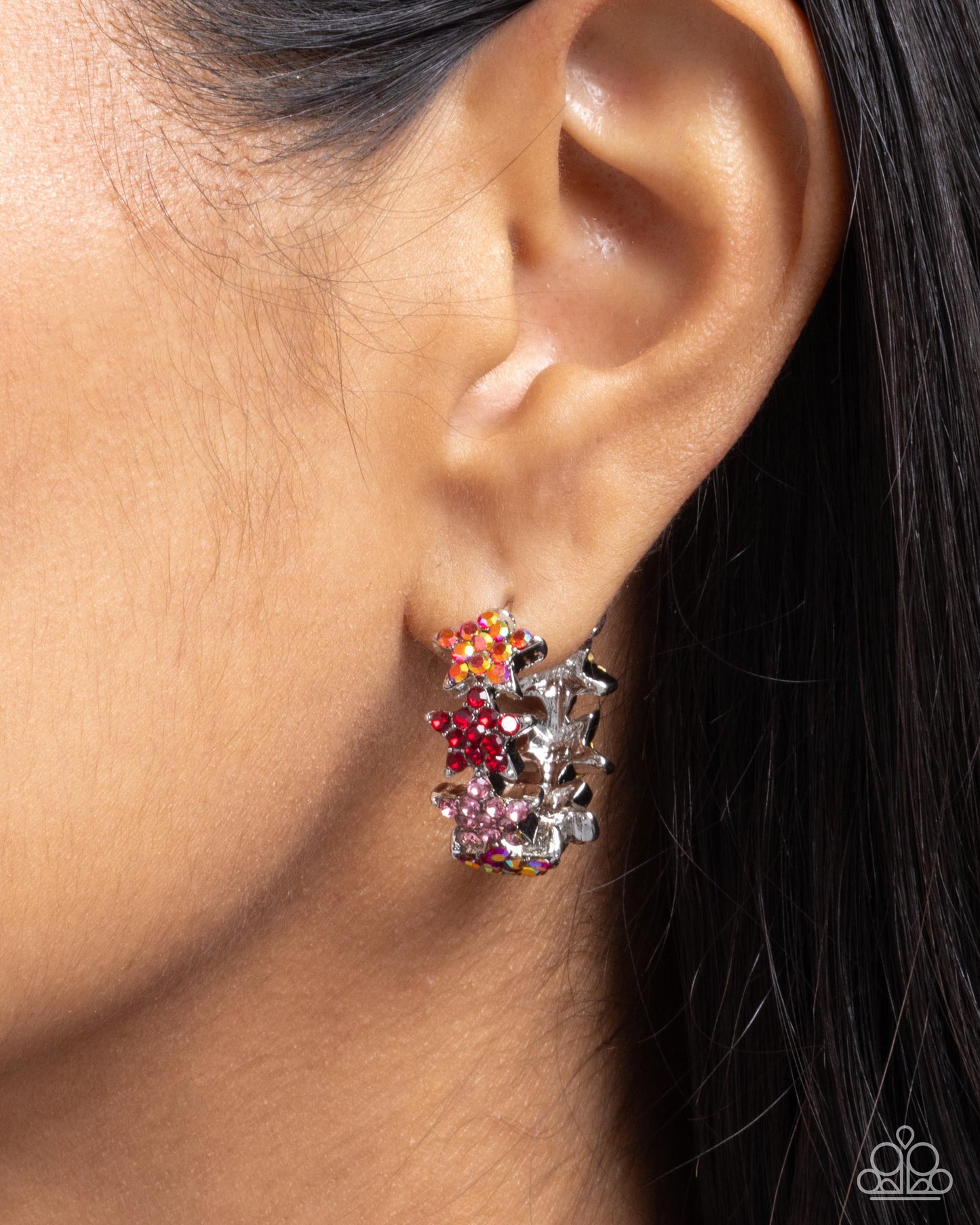Stellar Surrender - Red Multicolored & Iridescent Rhinestone Star 1 Inch Hoop Earring Paparazzi E2778