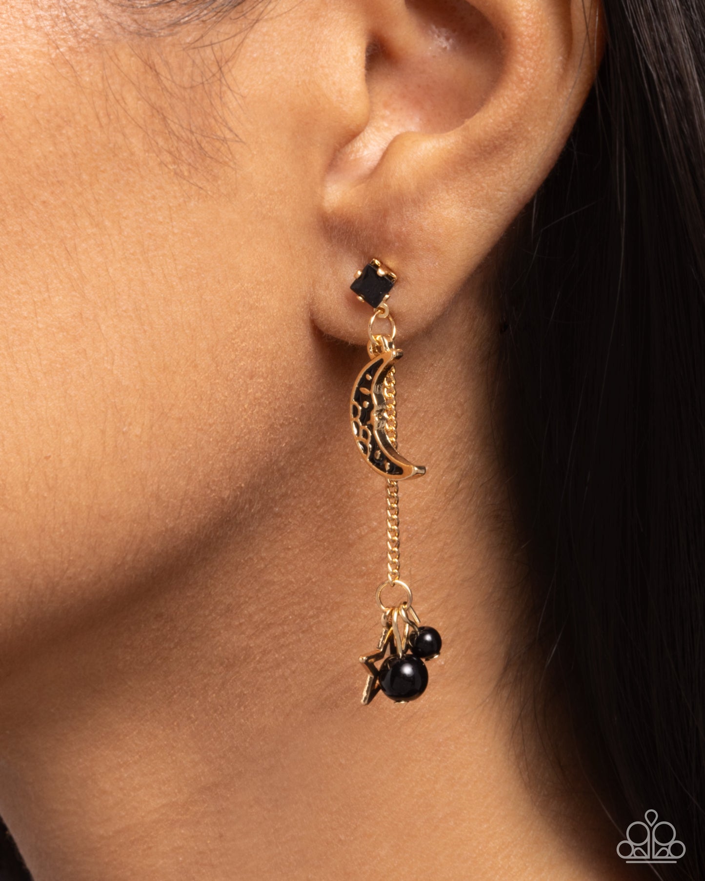 Astral Admiration - Black Gem, Painted Crescent Moon & Gold Star Post Earring Paparazzi E2804