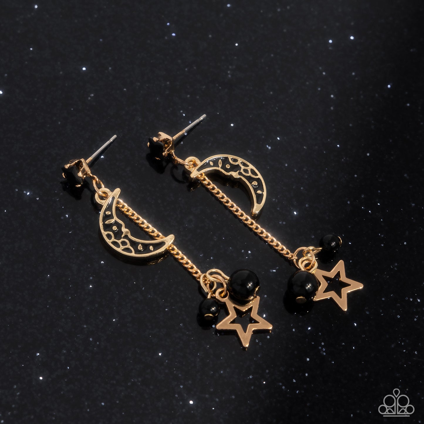 Astral Admiration - Black Gem, Painted Crescent Moon & Gold Star Post Earring Paparazzi E2804