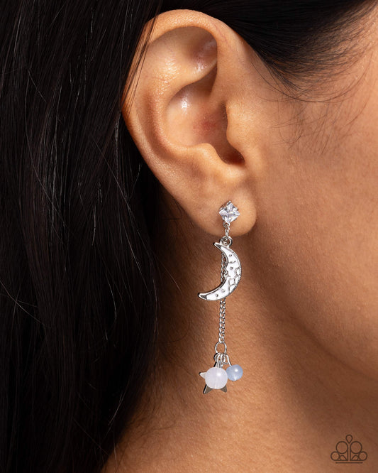 Astral Admiration - Blue Bead, Silver Crescent Moon, White Gem Post Earring Paparazzi E2887