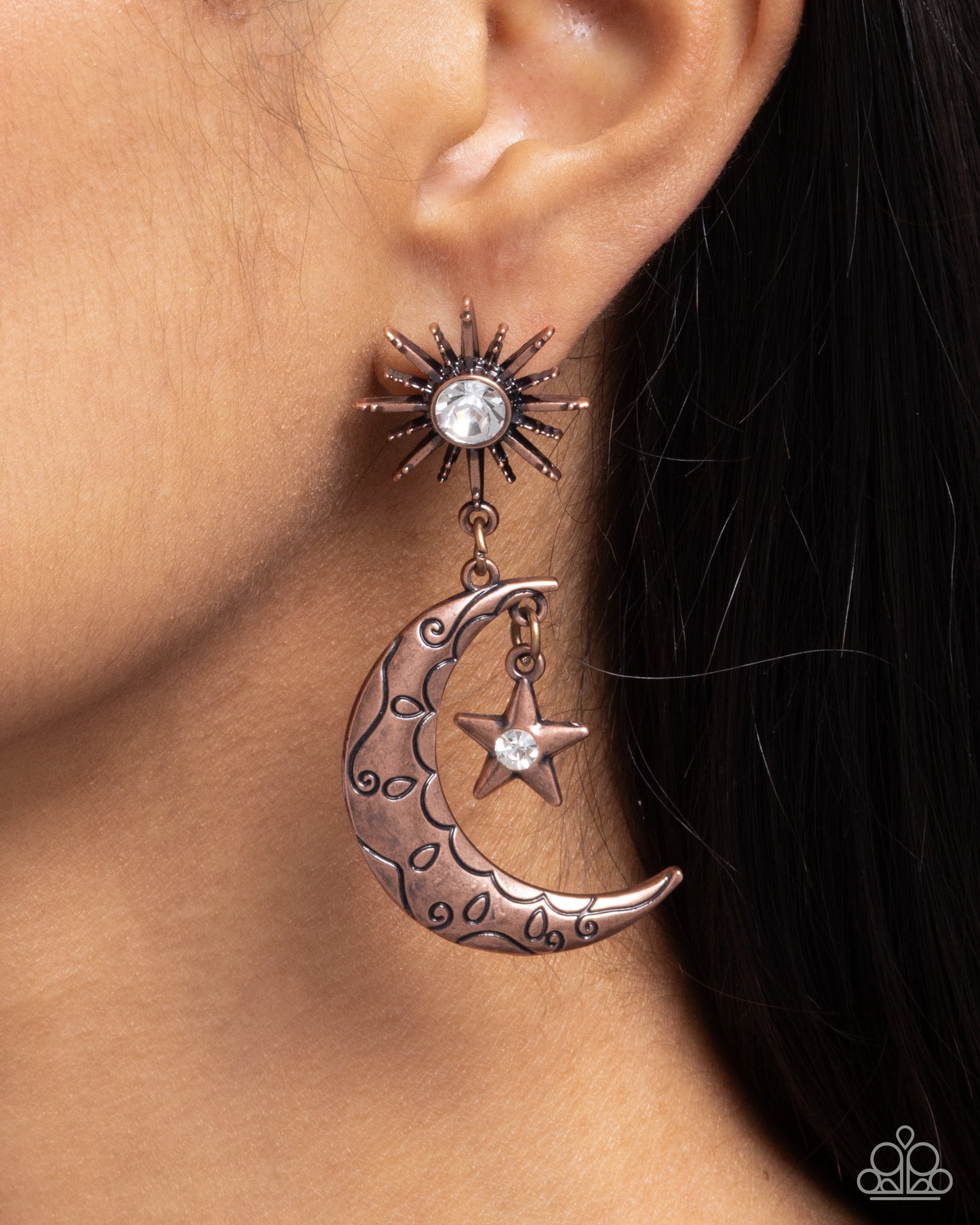 Paparazzi Cosmic Cutie - Copper Sunburst & Crescent Moon Post Earring E3274