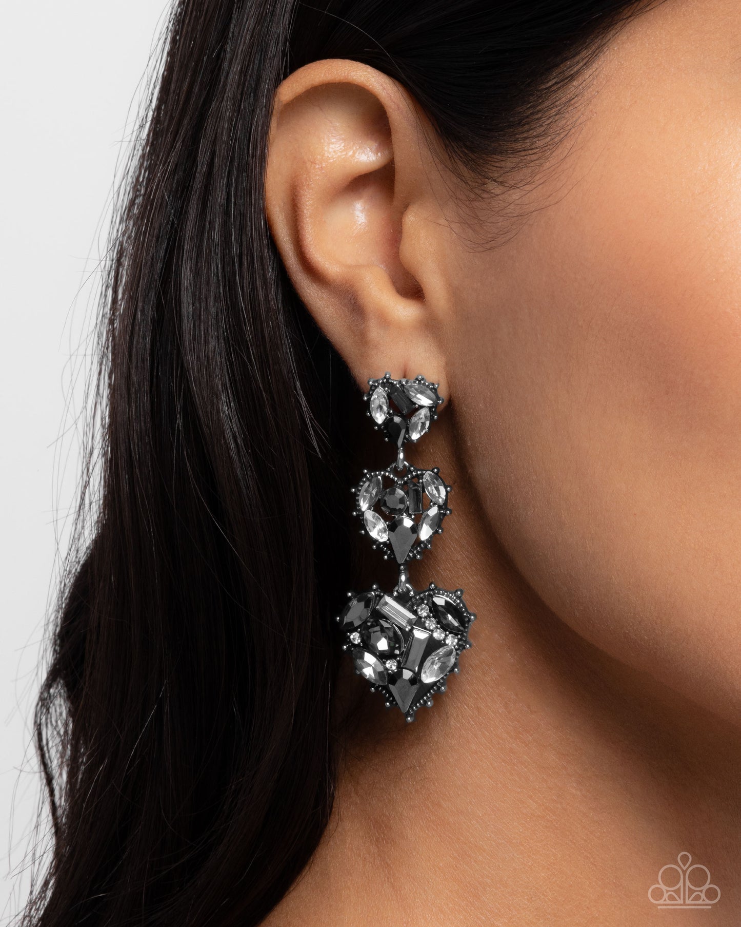Lovable Lure - Silver Heart, Smoky & Hematite Rhinestone Post Earring Paparazzi E2725