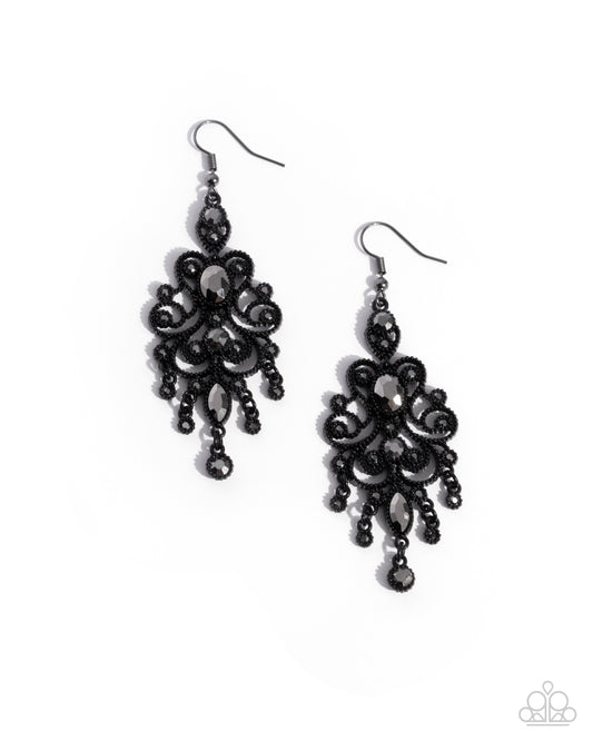 Chandelier Celebration - Black Painted Finish Silver Hematite Rhinestone & Gem Chandelier Earring Paparazzi E2717