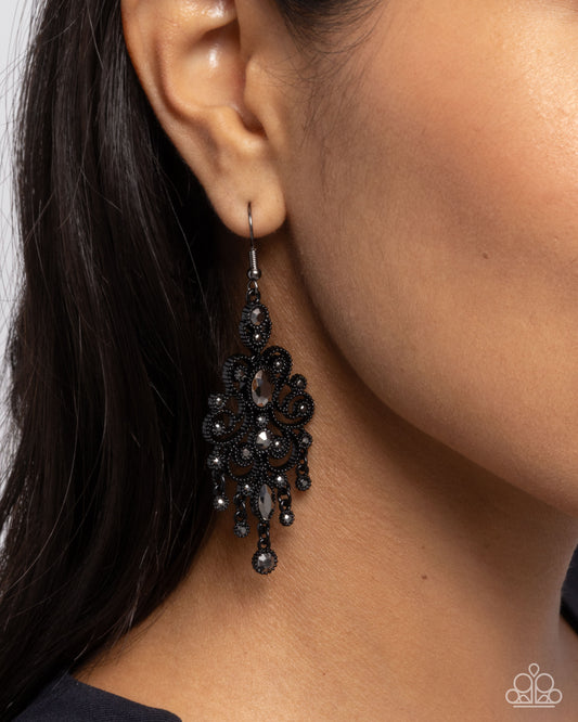 Chandelier Celebration - Black Painted Finish Silver Hematite Rhinestone & Gem Chandelier Earring Paparazzi E2717