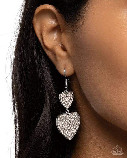 Paparazzi You Make My Heart Glow - White Rhinestone Silver Heart Earrings