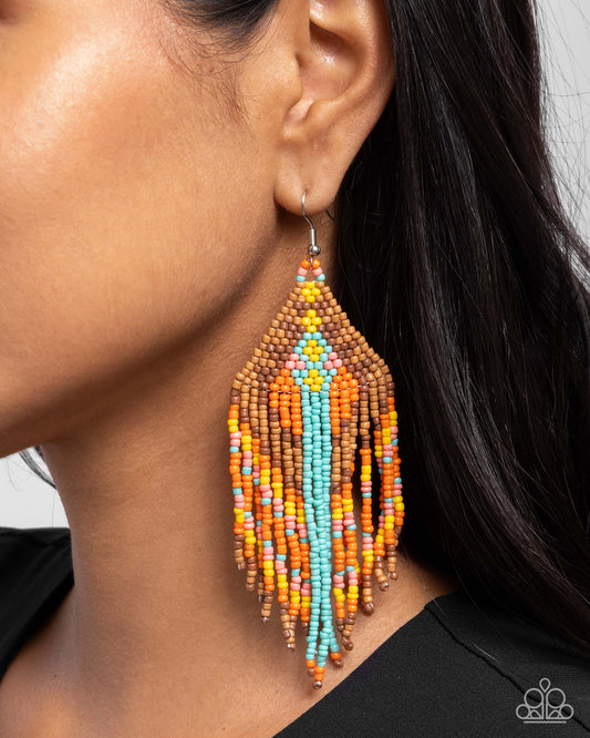 Paramount Pattern - Multi Brown, Coral, Tiffany, Orange, Yellow Seed Bead Fringe Earring Santa Fe Style Paparazzi E2783