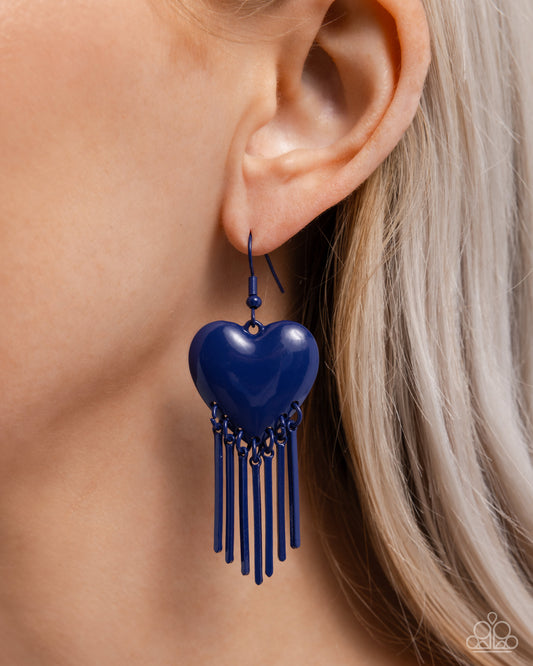 Flirty Fringe - Blue Navy Heart Fringe Earring Paparazzi E2502