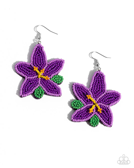Seed Bead Symmetry - Purple, Yellow, Green Seed Bead Flower Earring Paparazzi E2513
