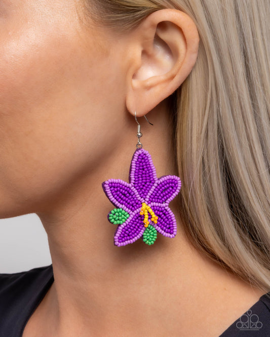 Seed Bead Symmetry - Purple, Yellow, Green Seed Bead Flower Earring Paparazzi E2513