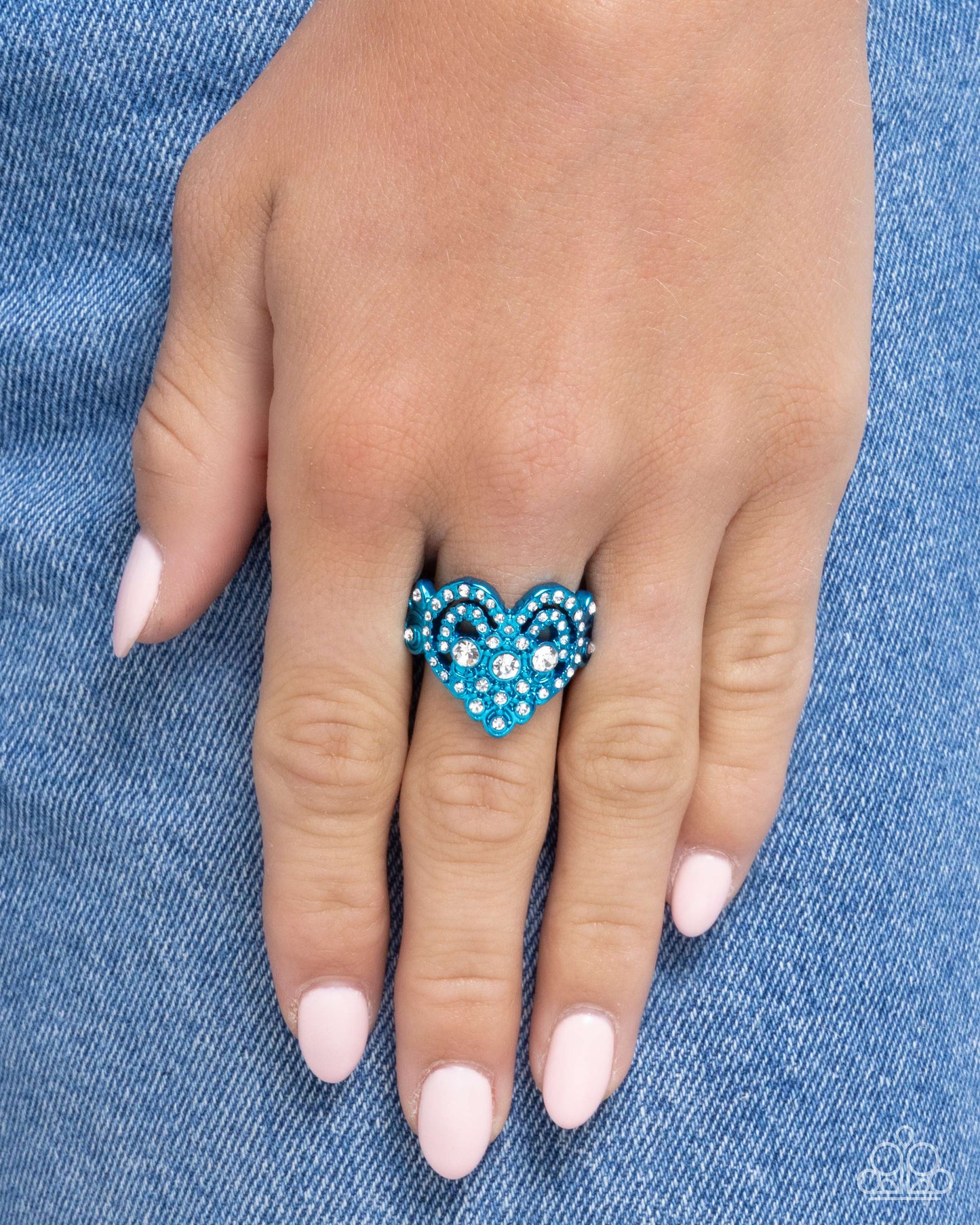 Gallant Glitter - Blue & White Rhinestone Heart Ring Paparazzi