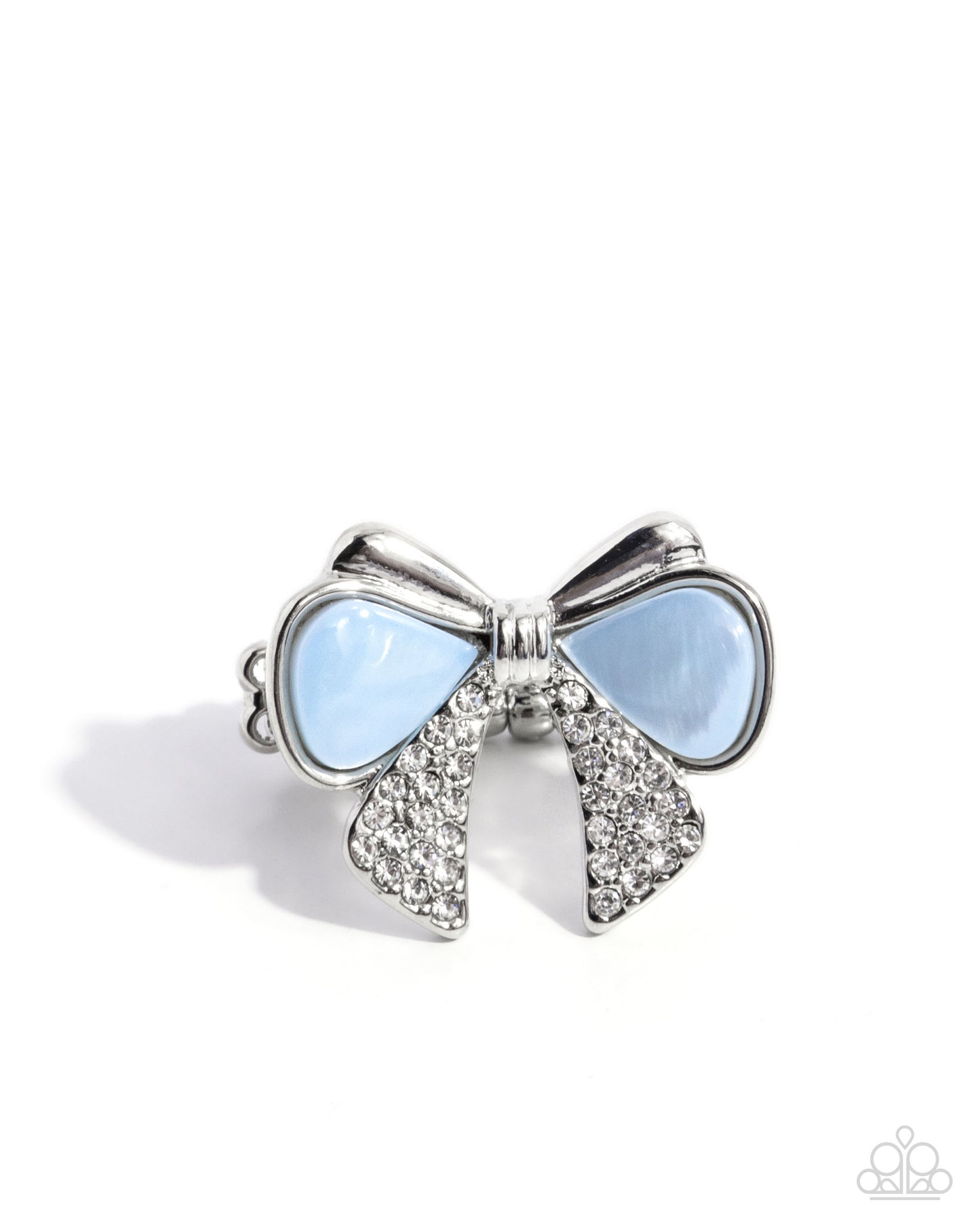 Classy Coquette - Blue Winter Sky Shell & White Rhinestone Bow Ring Paparazzi R0948