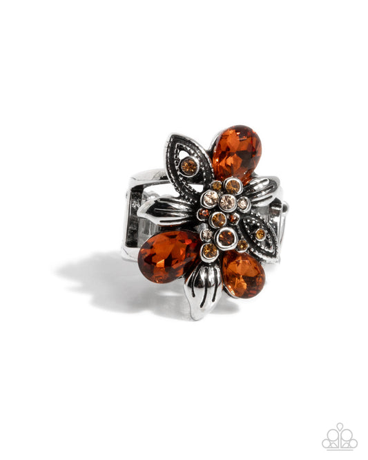 Carefree Corsage - Brown Tea, Topaz, Peach Rhinestone Floral Ring Paparazzi R0971