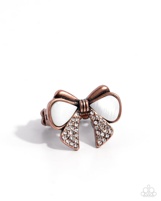 Classy Coquette - Copper & White Shell Bow Ring Paparazzi R0894